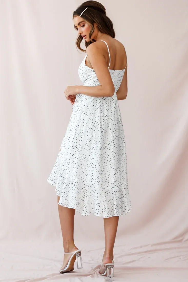 Blessed Wrap Ruffle Hem Midi Dress Dot Print White