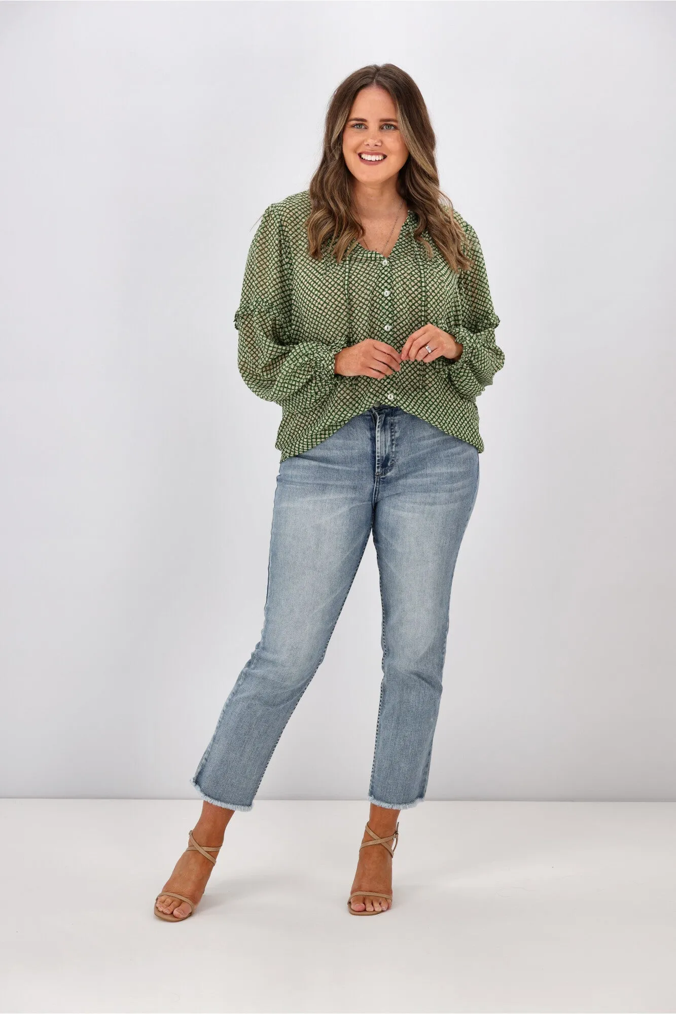 Gloss By Shine On Mia Pintuck Blouse Green Grid Print