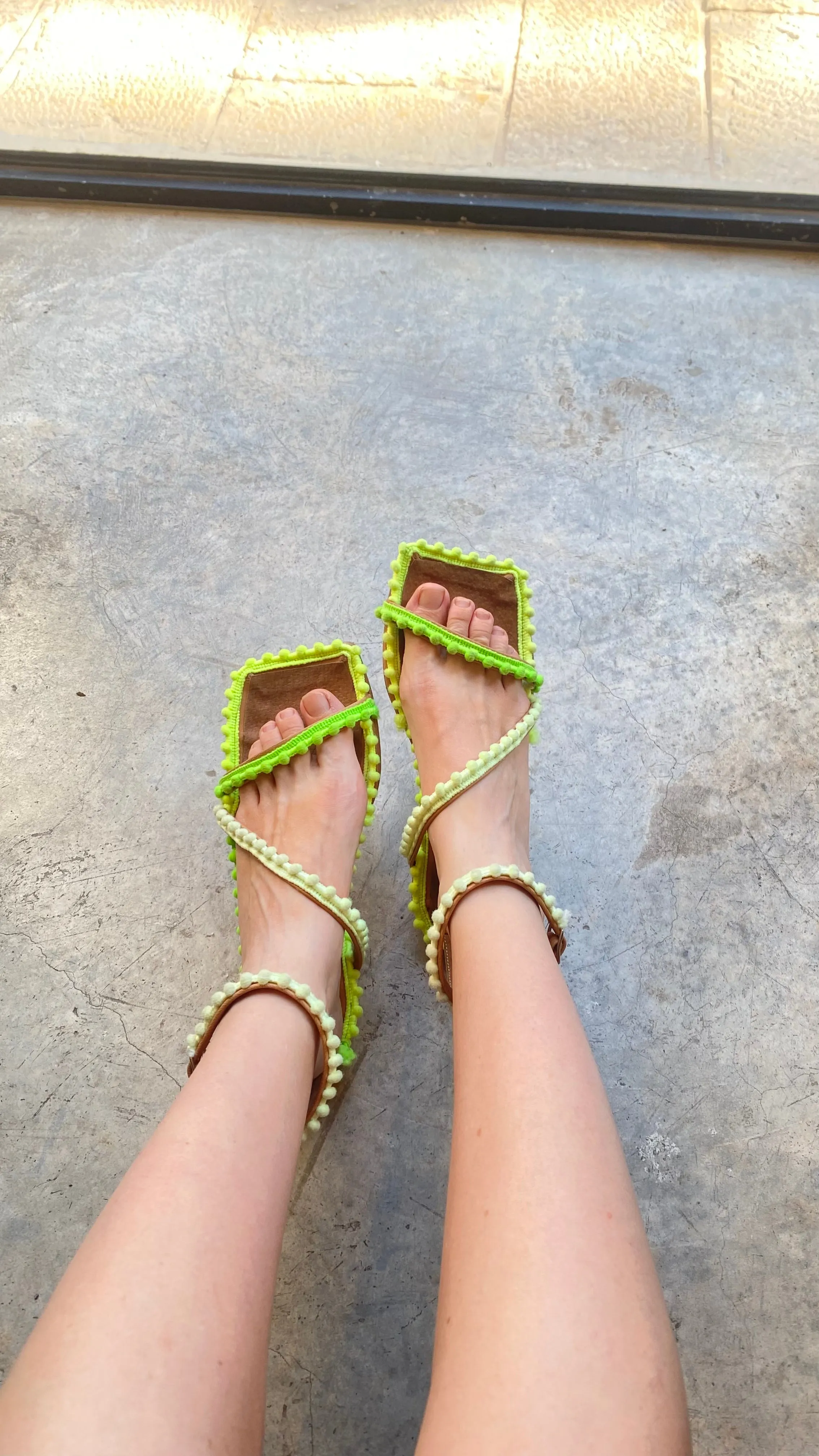 Green Pom Pom Square toe Sandals