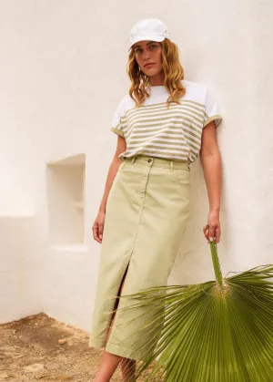JULIA - High Waist Midi-Length Skirt with Front Slit (SOFT ALMOND)