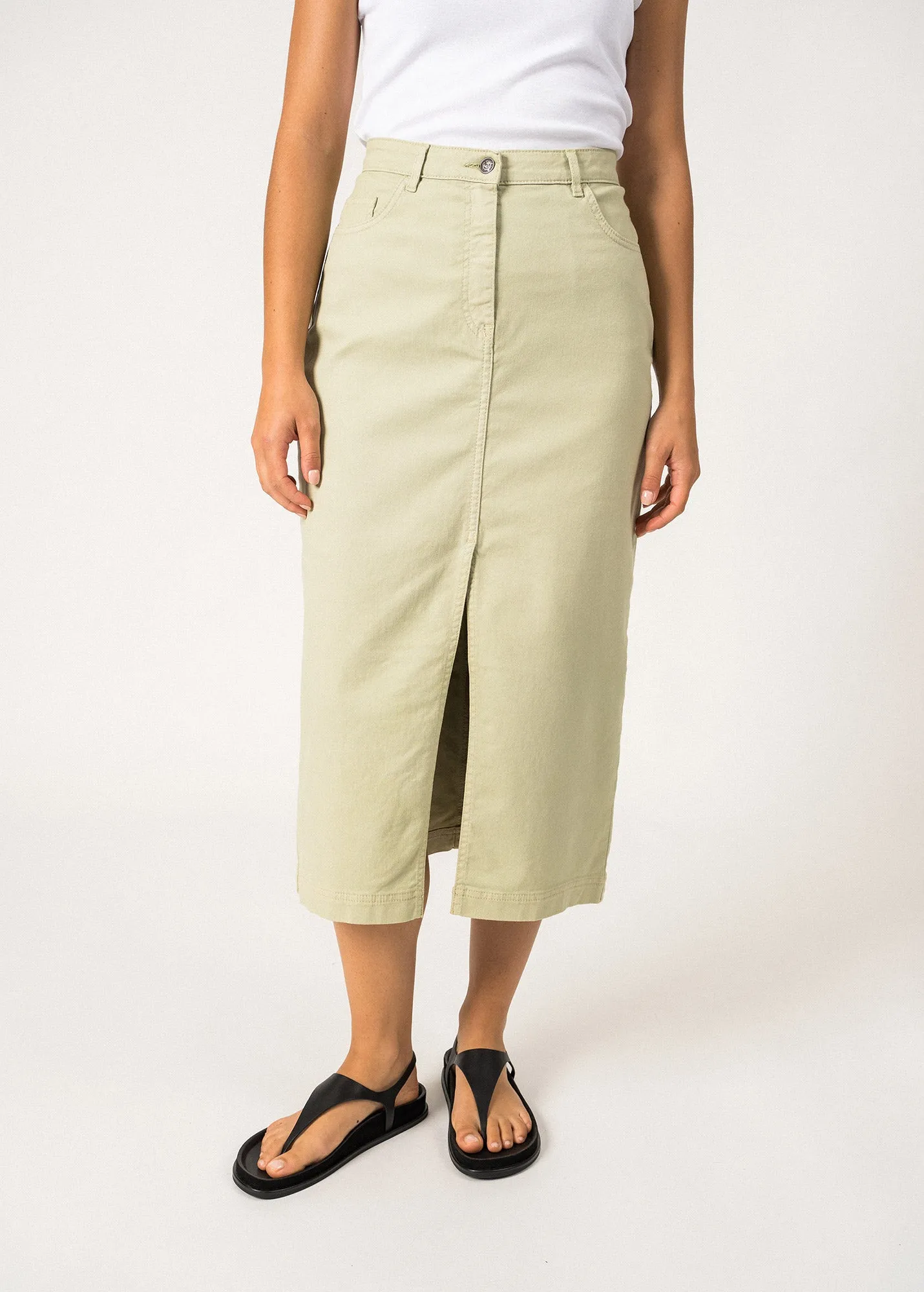 JULIA - High Waist Midi-Length Skirt with Front Slit (SOFT ALMOND)