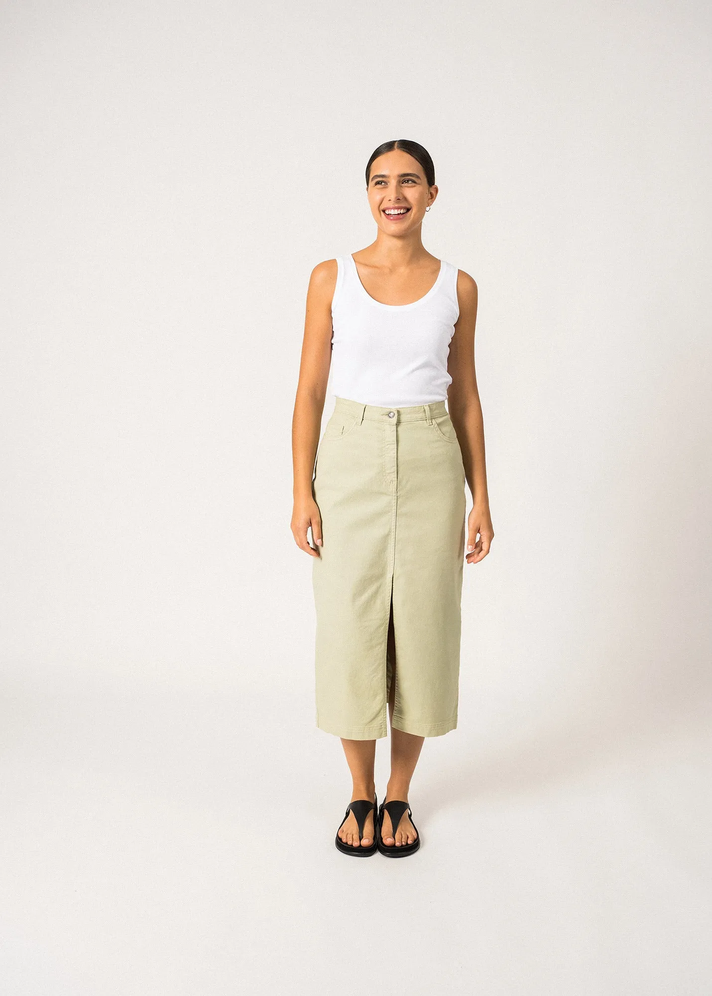 JULIA - High Waist Midi-Length Skirt with Front Slit (SOFT ALMOND)