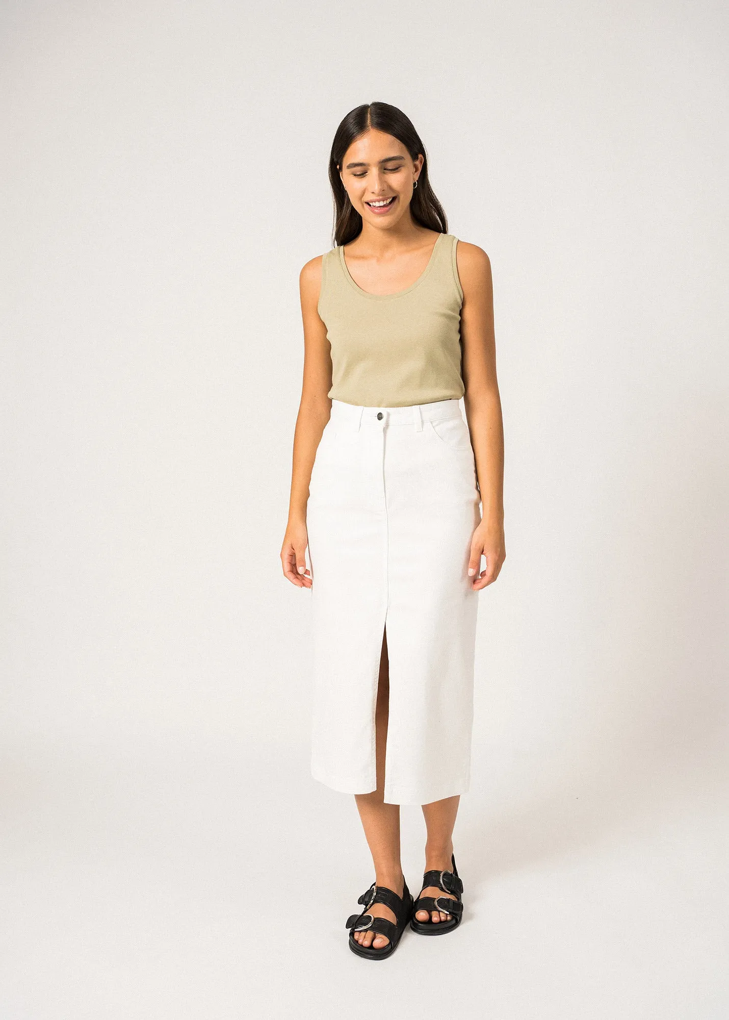 JULIA - High Waist Midi-Length Skirt with Front Slit (WHITE)